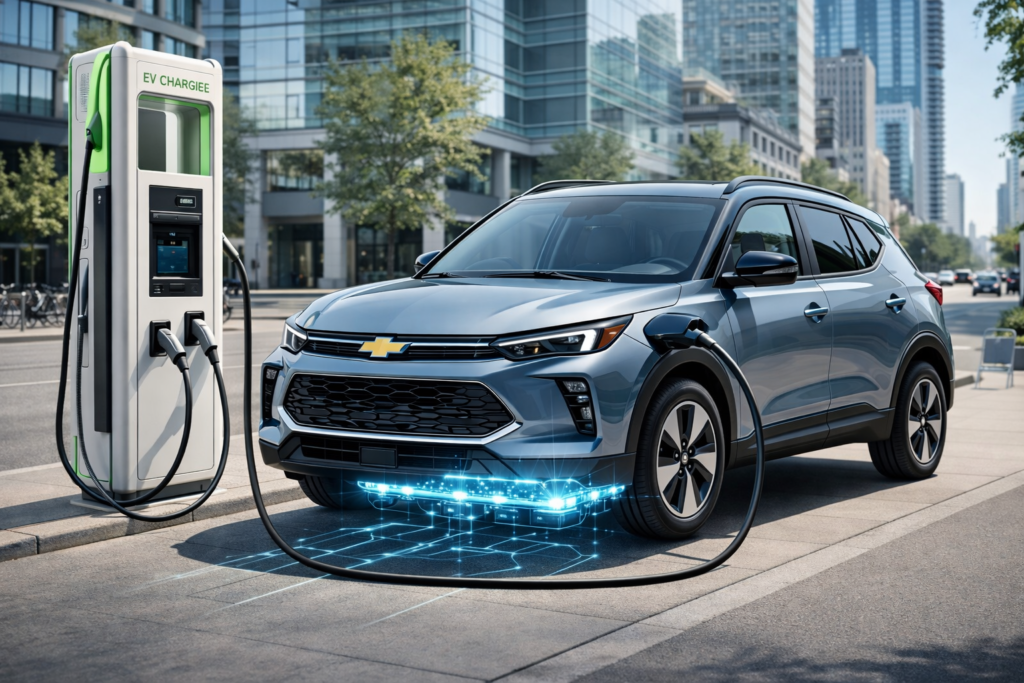 An electric SUV is charging at public charging station. 