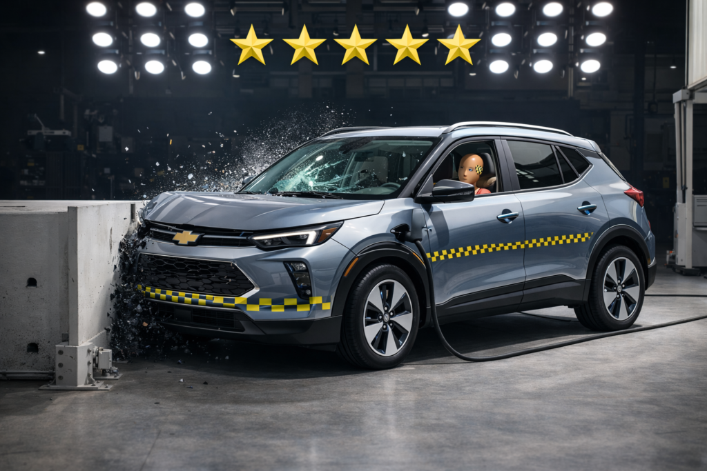 An electric SUV showing the crash safety test.