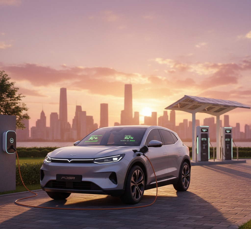 Second-hand electric SUV charging at home with visible dashboard, fast-charging station