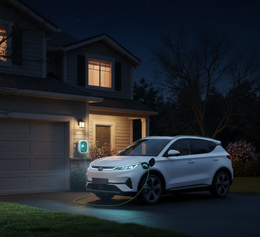 Electric SUV charging at a home wall box in a residential driveway at night.