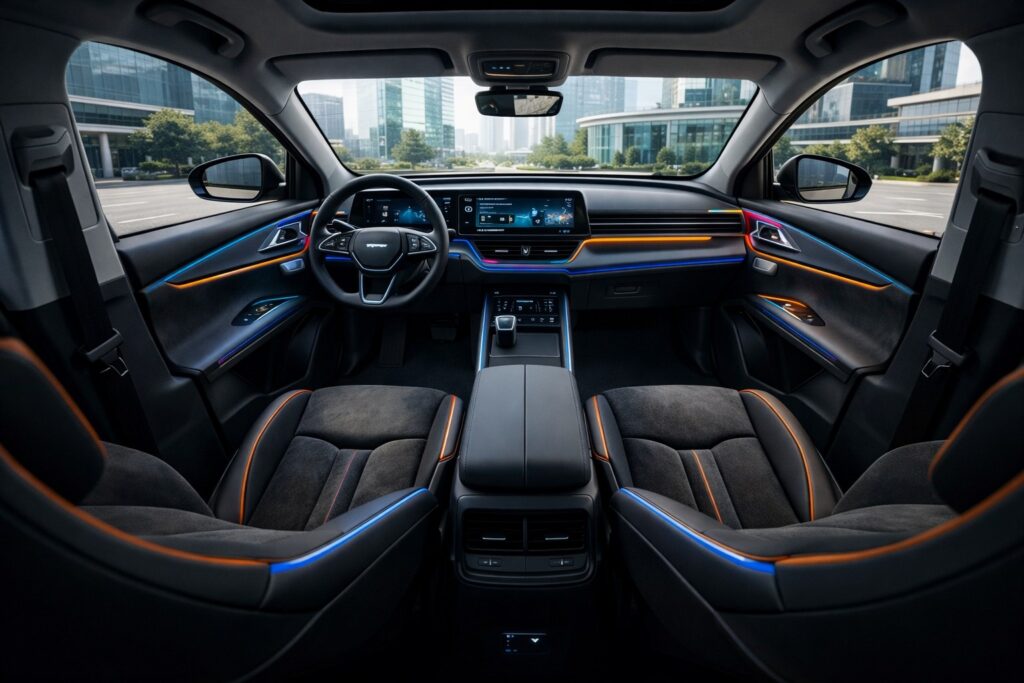 Innovative electric SUV interior with spacious seating, flat floor, and modern dashboard design.