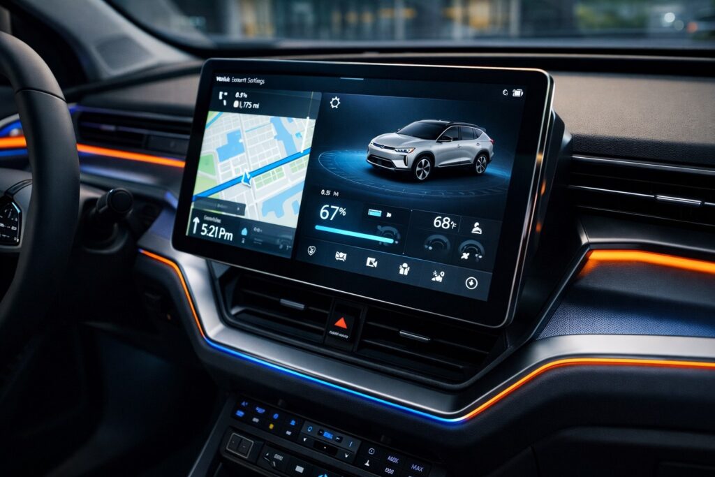 Advanced rotating touchscreen infotainment system inside a modern electric vehicle.