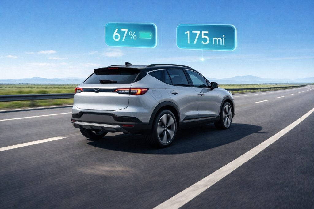 Electric SUV cruising on a highway illustrating long driving range and energy efficiency.