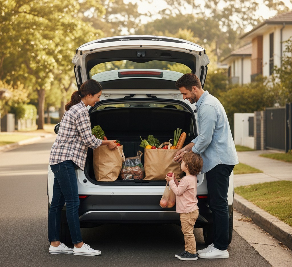 A family loading the grocries in the trunk.