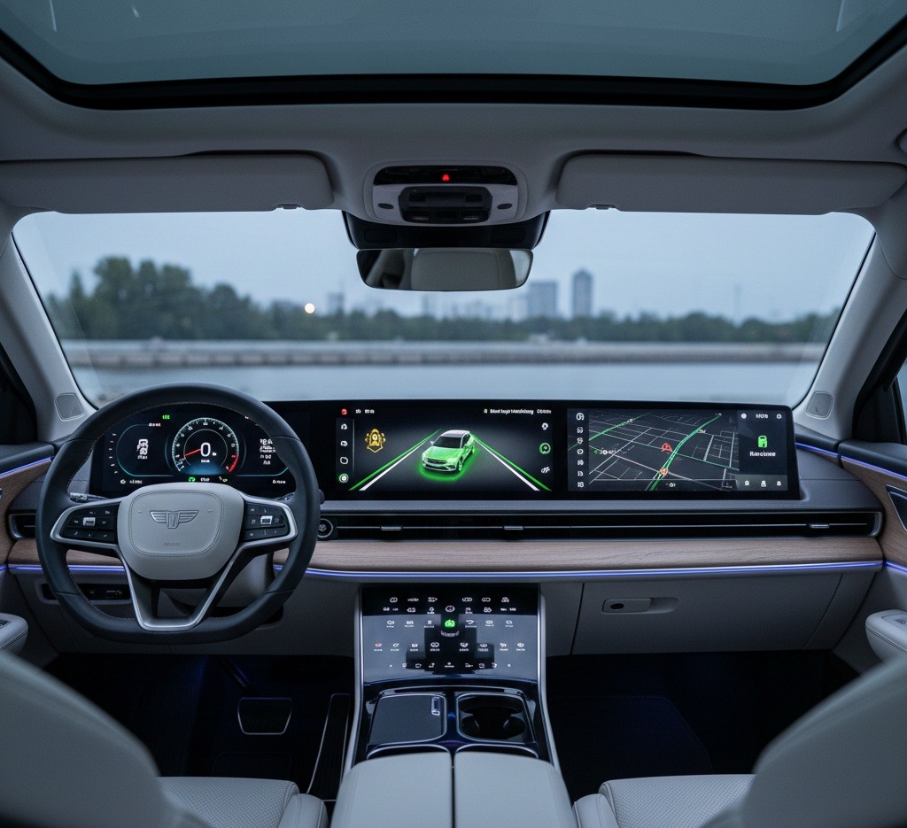 The interior of the EV showing the advanced infotainment technology.