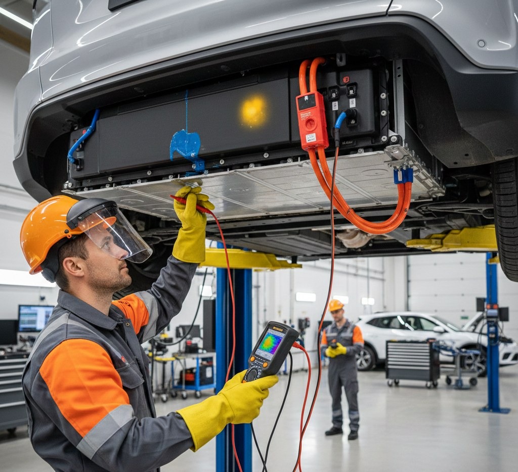 A specialist checking the battery of an electric SUV.