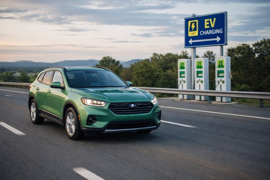 An electric SUV going from fast public charging station.