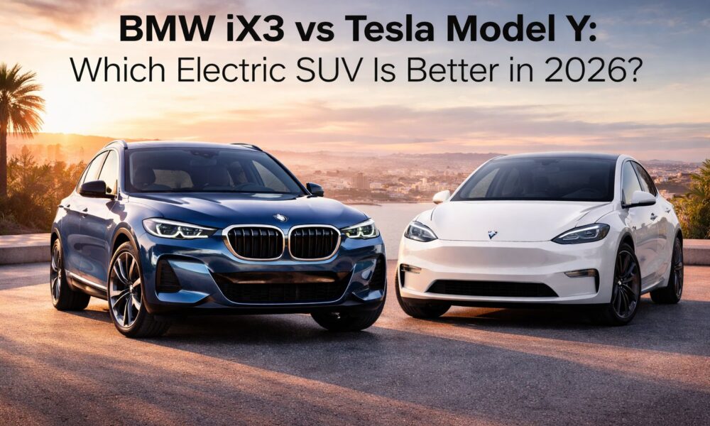 The BMW iX3 vs Tesla Model Y comparison shows both electric SUVs side by side.