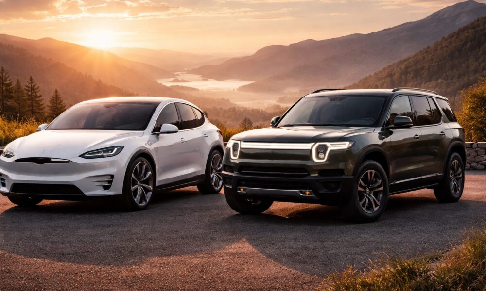 Rivian R1S vs Tesla Model X electric SUVs compared on a scenic mountain road at sunrise.