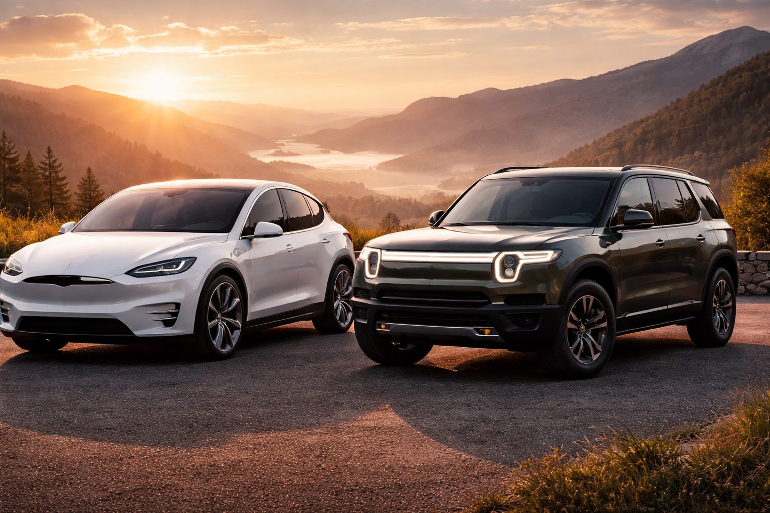 Rivian R1S vs Tesla Model X electric SUVs compared on a scenic mountain road at sunrise.