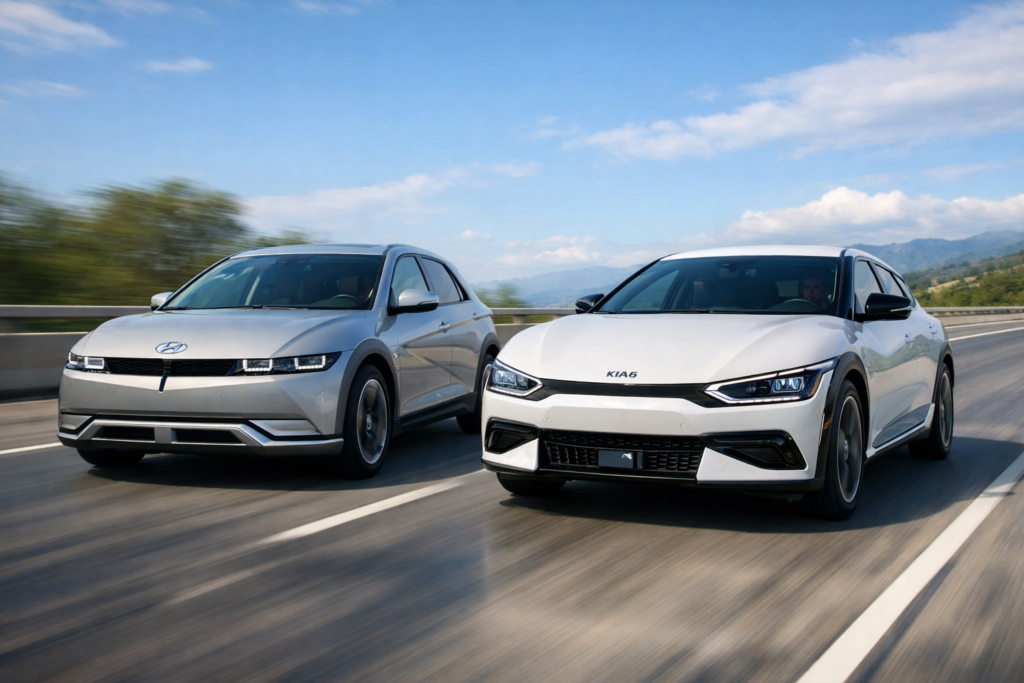 Two modern electric SUVs driving side by side on a highway in daylight with motion blur.