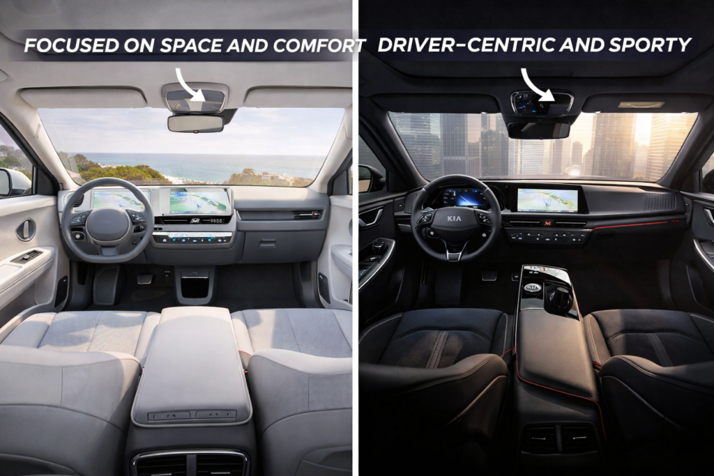 Spacious electric vehicle cabin with a minimalist dashboard compared to a driver-focused cockpit with digital displays and premium materials.