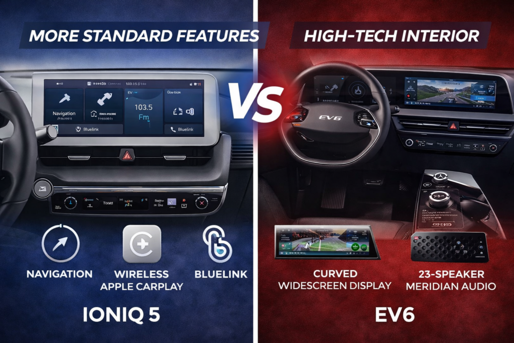 Electric vehicles dashboard displaying driver assistance alerts, including lane keeping, adaptive cruise control, and blind spot monitoring.