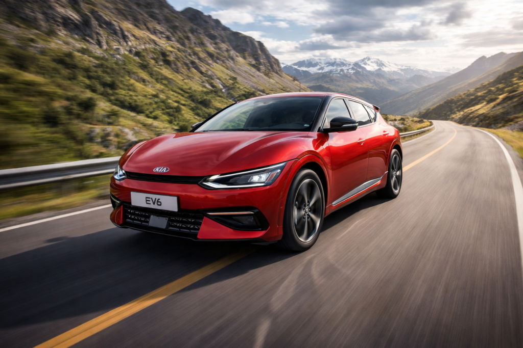 Sporty electric SUV driving on a winding mountain road with motion blur and scenic landscape.