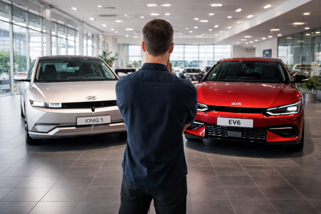 A customer choosing between two electric SUVs in a modern car showroom with bright lighting.