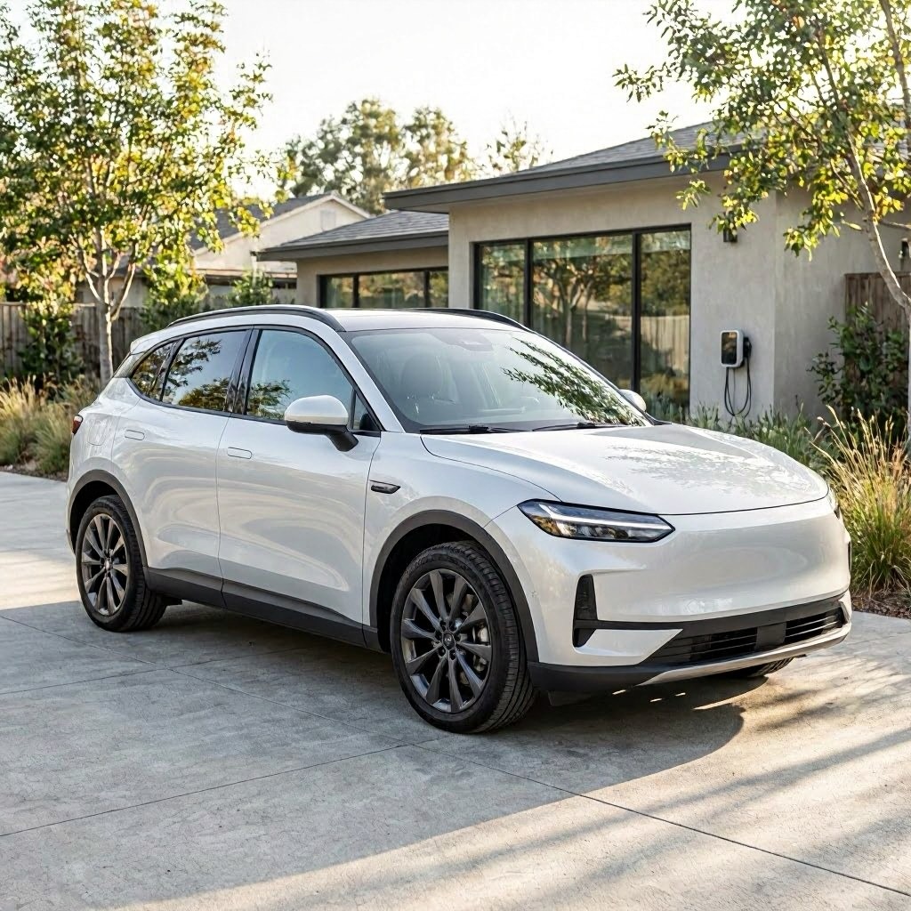 compact electric SUV parked near modern home