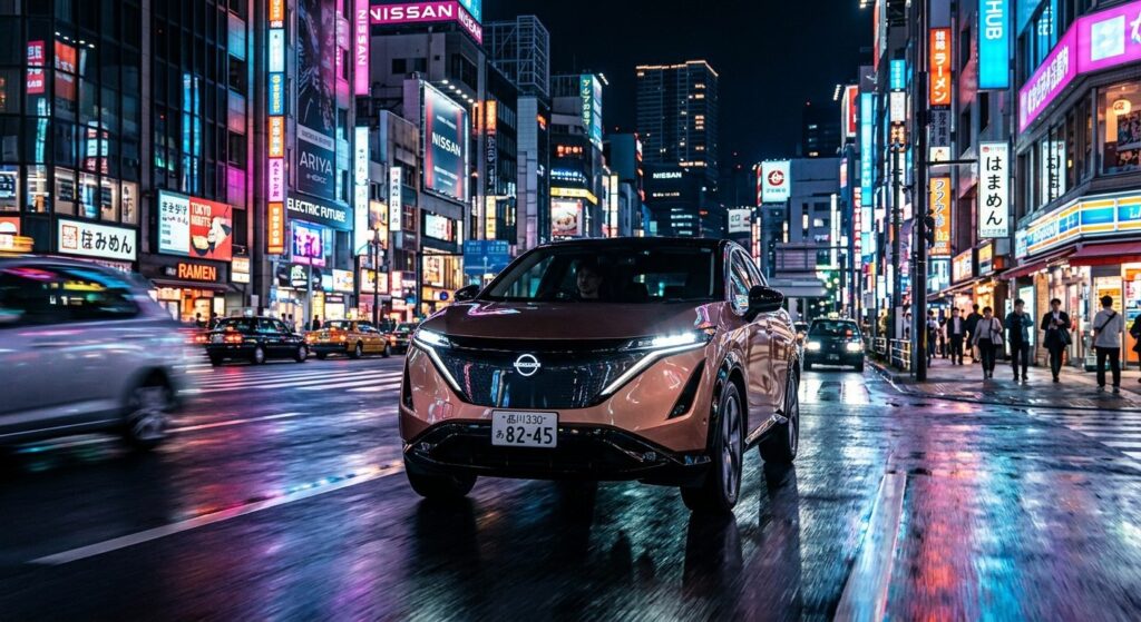 Nissan Ariya electric SUV in street light at night.