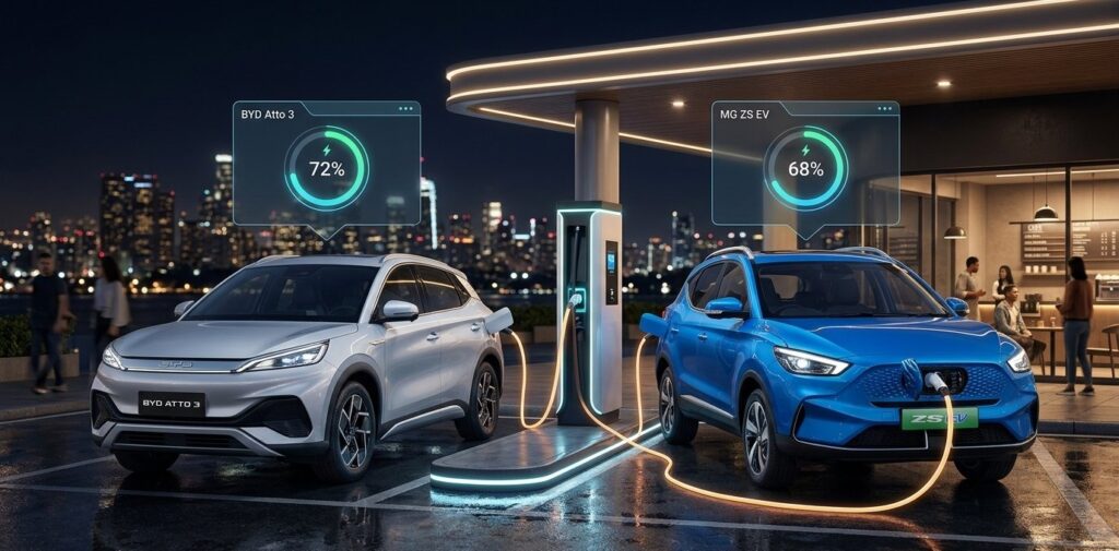 electric SUV fast charging experience with charging station and battery progress