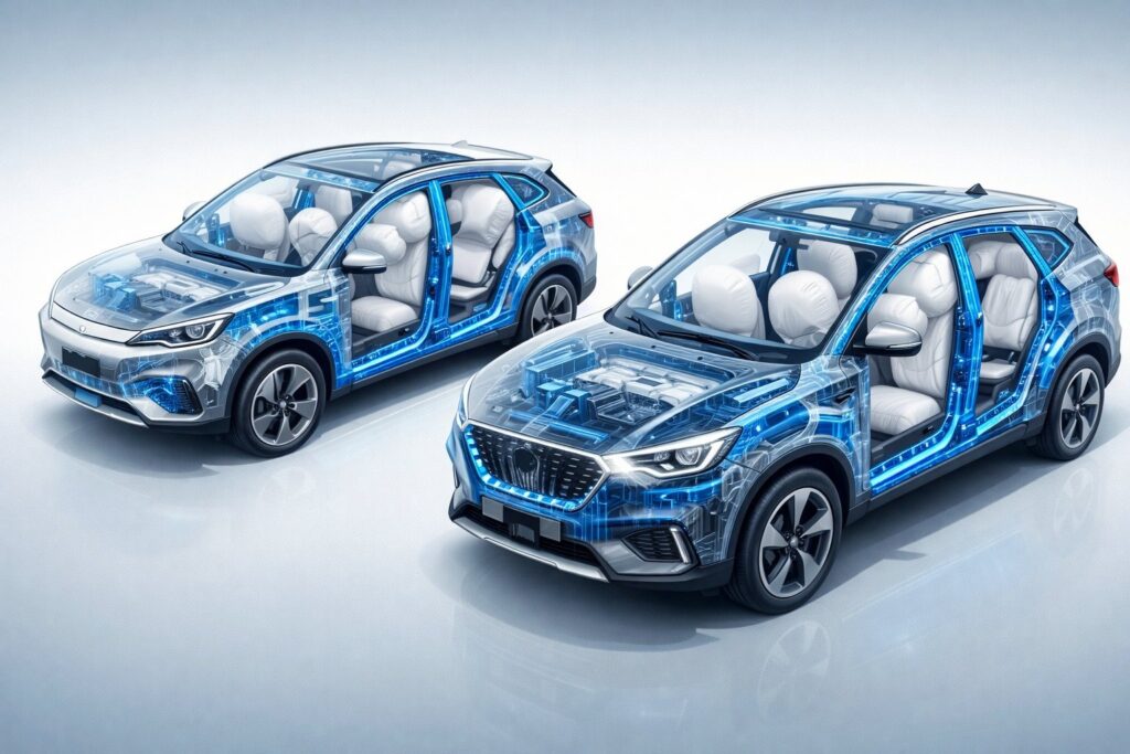 electric SUV safety features and build quality visualization with airbags