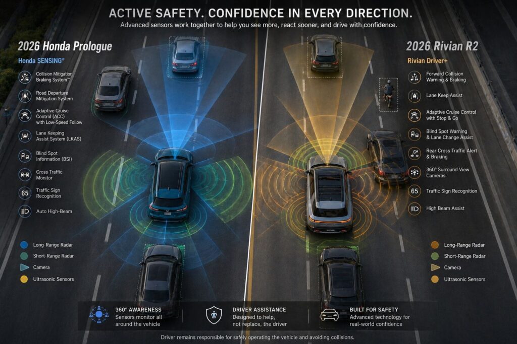 Top-down view of two electric SUVs on a busy road with radar and camera sensor overlays illustrating advanced driver assistance systems