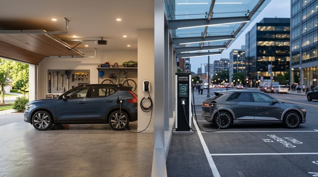 electric car charging at home and station