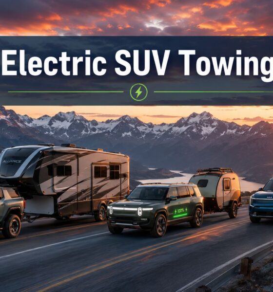 Three best electric SUVs for towing, GMC Hummer EV SUV, Rivian R1S, and Kia EV9 — hauling different trailer types in a mountain highway convoy, showing an electric SUV towing capacity comparison.