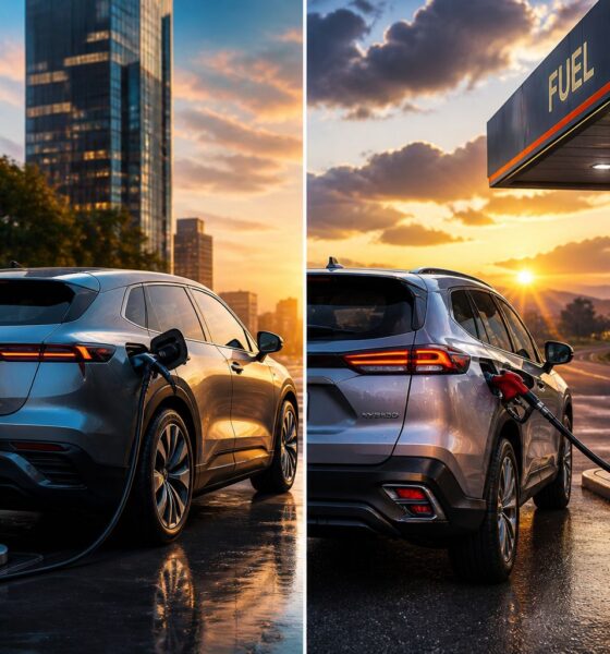 Electric SUVs vs. Hybrid SUVs comparison showing charging vs refueling in a split cinematic scene