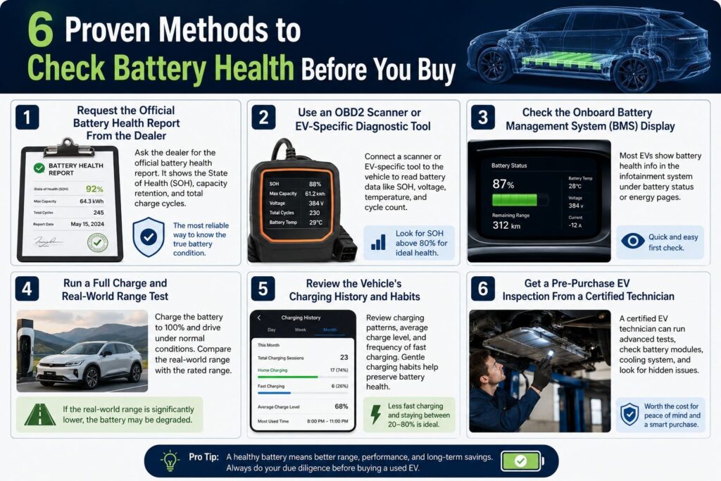 Infographic showing six proven ways to inspect a used electric suv battery health before purchasing a pre-owned EV