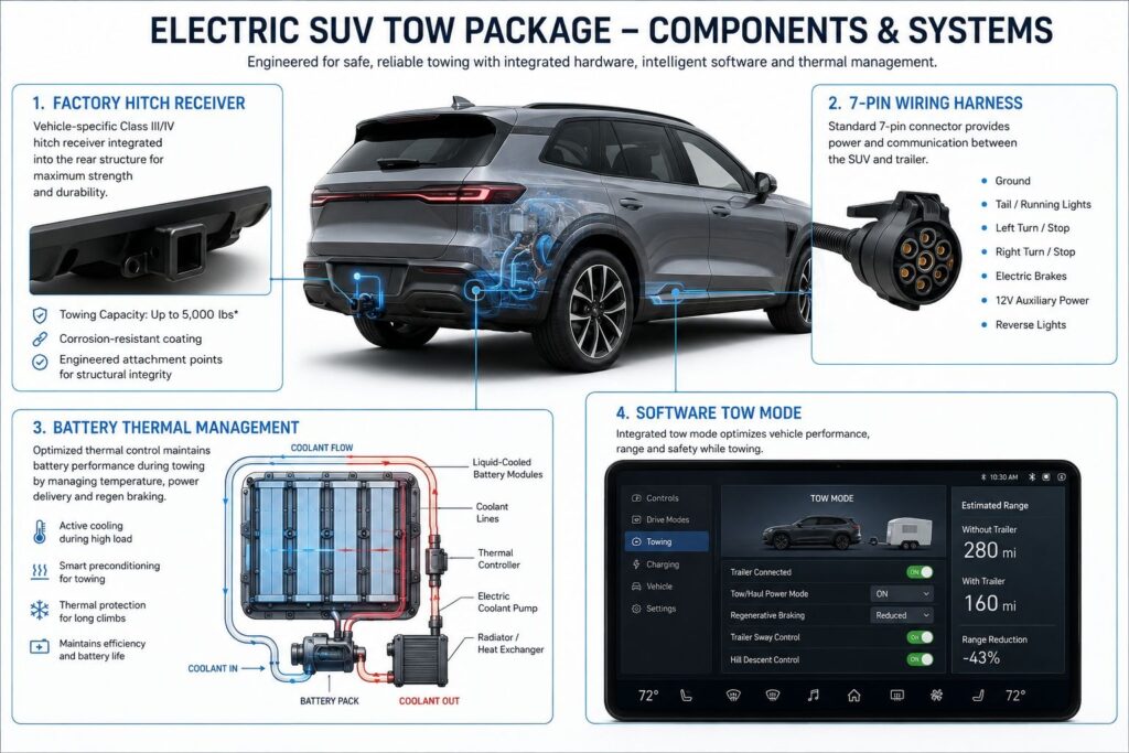Electric SUV factory tow package components showing hitch receiver wiring and battery thermal management system.