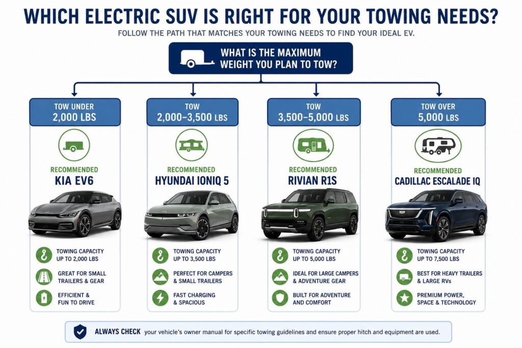 Electric SUV towing decision guide infographic helping buyers choose the best SUV for towing by weight category