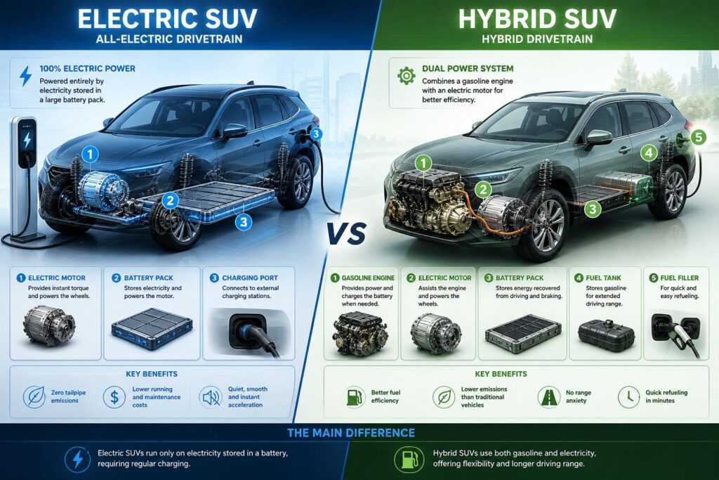 Battery-powered drivetrain vs dual power system comparison with labeled motor, engine, and components