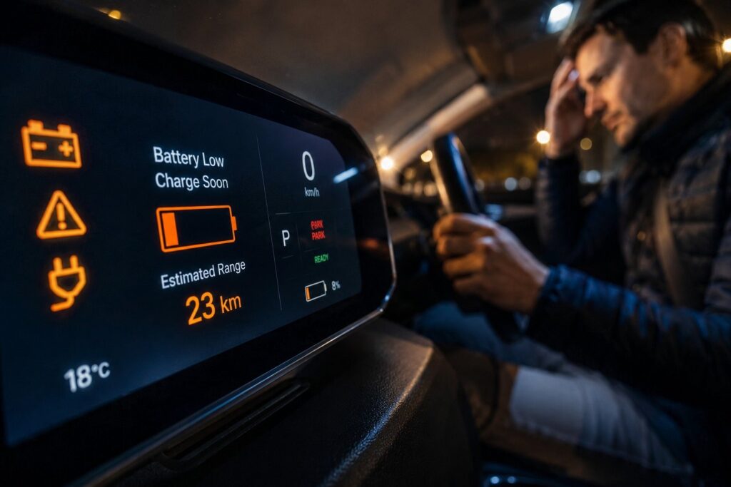 EV dashboard warning display showing low range alert and battery warning lights inside a modern electric SUV at night