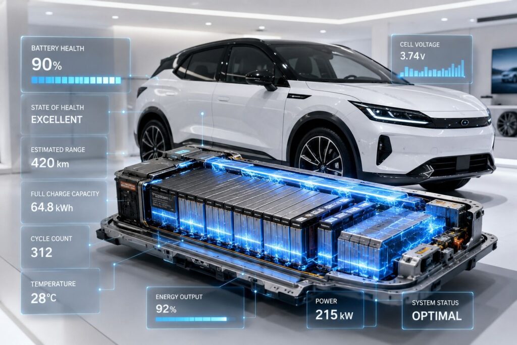 Cross-section of a modern EV battery pack with glowing energy cells and digital diagnostics inside a luxury electric SUV showroom