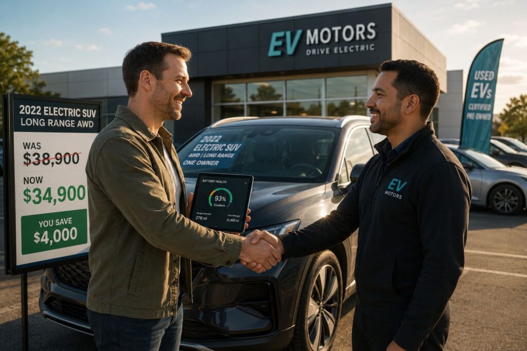 Buyer reviewing EV diagnostic data on a tablet while finalizing a discounted electric crossover purchase at a modern dealership during sunset lighting.
